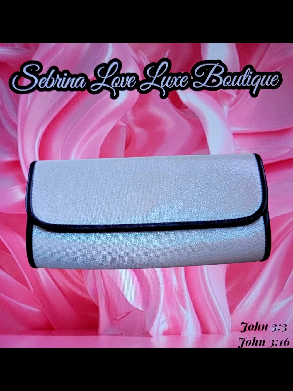 Sleek Metallic Ivory Silver Clutch with Black Trim
